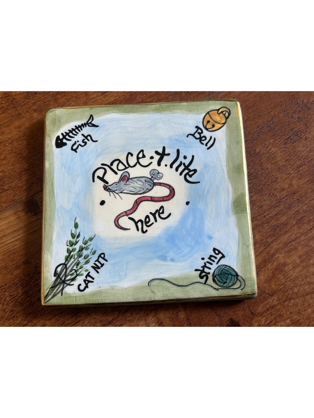 Blue Sky Ceramic Cat Dish with Mouse and Cat Toy Design